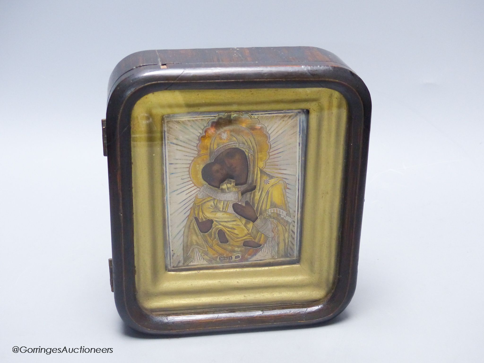 A Russian 84 zolotnik icon in frame, assay master probably A Svyechin, Moscow, 1862-1875, overall 20.3cm.